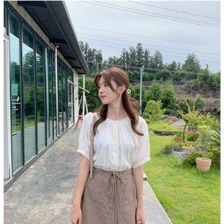 Crochet-trim Shirred Blouse Oatmeal - One Size