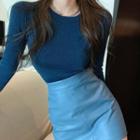 Long-sleeve Knit Top / Fitted Mini Skirt