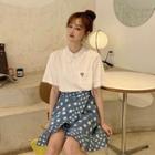Short-sleeve Collared Top / Dotted A-line Skirt