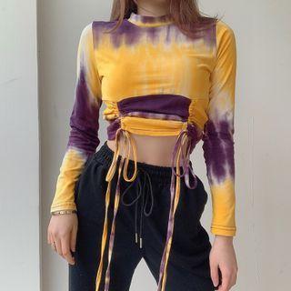 Long-sleeve Drawstring Tie-dye Top