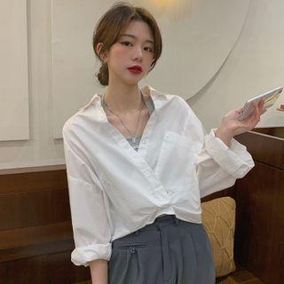Long-sleeve Plain Knotted Shirt / Applique Halter Knit Top