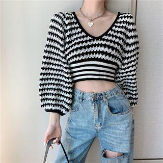 Lantern-sleeve Striped V-neck Knit Shirt Stripe - One Size