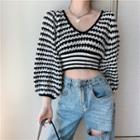 Lantern-sleeve Striped V-neck Knit Shirt Stripe - One Size