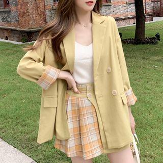 Set: Double-breasted Blazer + Plaid Panel Mini A-line Skirt