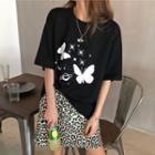Short-sleeve Butterfly Print T-shirt / Leopard Print A-line Skirt