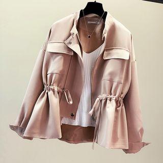 Drawstring Waist Zip Jacket Khaki - One Size