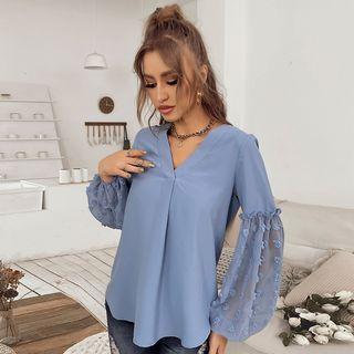 Long-sleeve Lace-panel V-neck Blouse