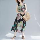 Flower Print Sleeveless Midi Chiffon Dress As Shown In Figure - One Size