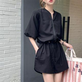 Short-sleeve Zip-up Drawstring Romper