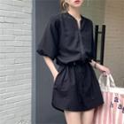 Short-sleeve Zip-up Drawstring Romper