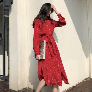 Floral Long-sleeve Slim-fit Dress Red - One Size