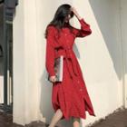Floral Long-sleeve Slim-fit Dress Red - One Size