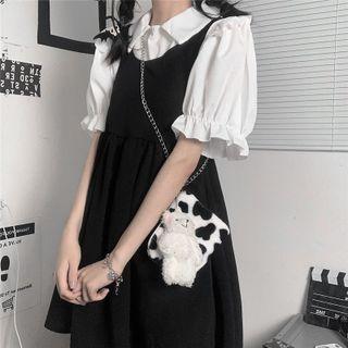 Set: Short-sleeve Ruffle Blouse + Plain Overall Dress