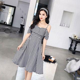Off-shoulder Checked Short-sleeve A-line Dress