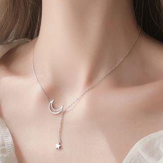 925 Sterling Silver Moon & Star Pendant Choker 925 Silver - As Shown In Figure - One Size