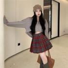 Hooded Cropped Zip-up Hoodie / Plaid Pleated Mini A-line Skirt
