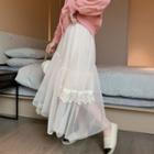 Lace Trim Mesh Midi A-line Skirt Beige - One Size