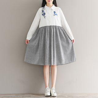 Long-sleeve Color Block A-line Shirt Dress