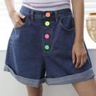 Multicolor Button-fly Denim Shorts Dark Blue - One Size