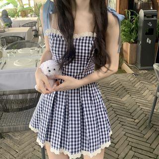 Tie-shoulder Gingham A-line Dress