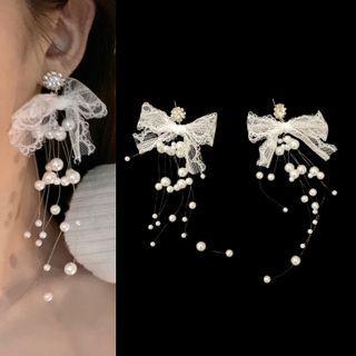 Bow Beaded Drop Earring 1 Pair - White - One Size