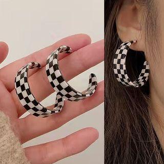 Checker Open Hoop Earring 1 Pair - Hoop Earring - Checker - Black & White - One Size