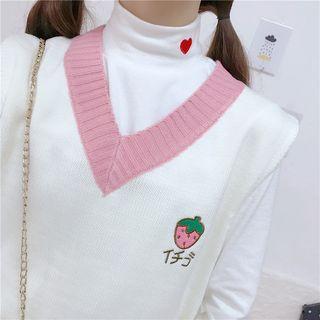 Embroidered Knit Vest / Mock-neck Long-sleeve T-shirt