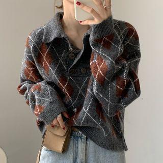 Polo Collar Color Block Plaid Sweater