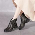Block Heel Perforated Genuine Leather Short Boots