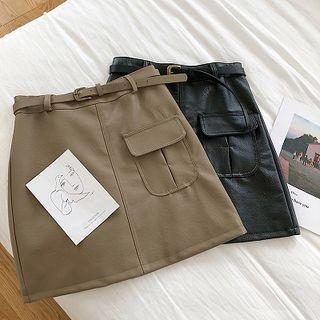 Single-pocket Faux Leather A-line Skirt With Belt