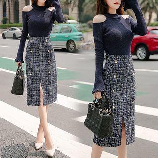 Set: Cutout Cold Shoulder Top + Tweed Buttoned Skirt