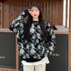 Round Neck Flower Print Loose-fit Sweater