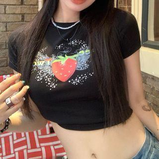 Short Sleeve Strawberry Print Crop T-shirt Black - One Size