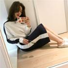 Set: Color-block Long-sleeve Pullover + High-waist Skirt