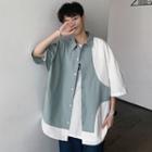 Color Block Loose Fit Elbow-sleeve Shirt