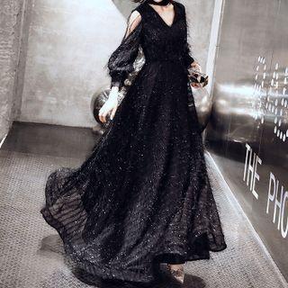 Long-sleeve Square-neck A-line Evening Gown