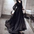 Long-sleeve Square-neck A-line Evening Gown