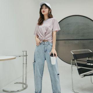 Knotted-front Striped Crop T-shirt