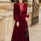 Set: Long-sleeve Velvet Midi Dress + Neckerchief