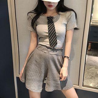 Set: Tie-accent Short-sleeve Top + A-line Skirt