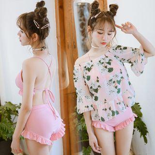 Set: Frill Trim Bikini + Floral Print Cover-up Top