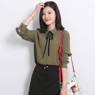 Peter Pan Collar Bow Long-sleeved Loose-fit Straight Plain Blouse