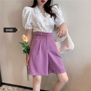 Puff-sleeve V-neck Lace Blouse / Wide Leg Dress Shorts