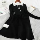Long-sleeve Midi Collared Knit Dress Black - One Size