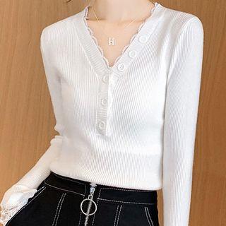 V-neck Lace Trim Ribbed Knit Top