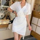 Stand-collar Linen Blend Mini Wrap Dress