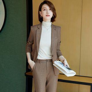Plaid Blazer / V-neck Blouse / Dress Pants / Set