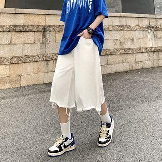 Frayed Trim Wide Leg Denim Shorts