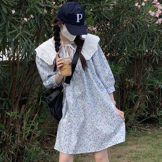 Puff-sleeve Flower Print Mini A-line Dress Blue - One Size