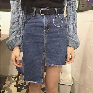 Asymmetrical Hem Denim Skirt With Belt